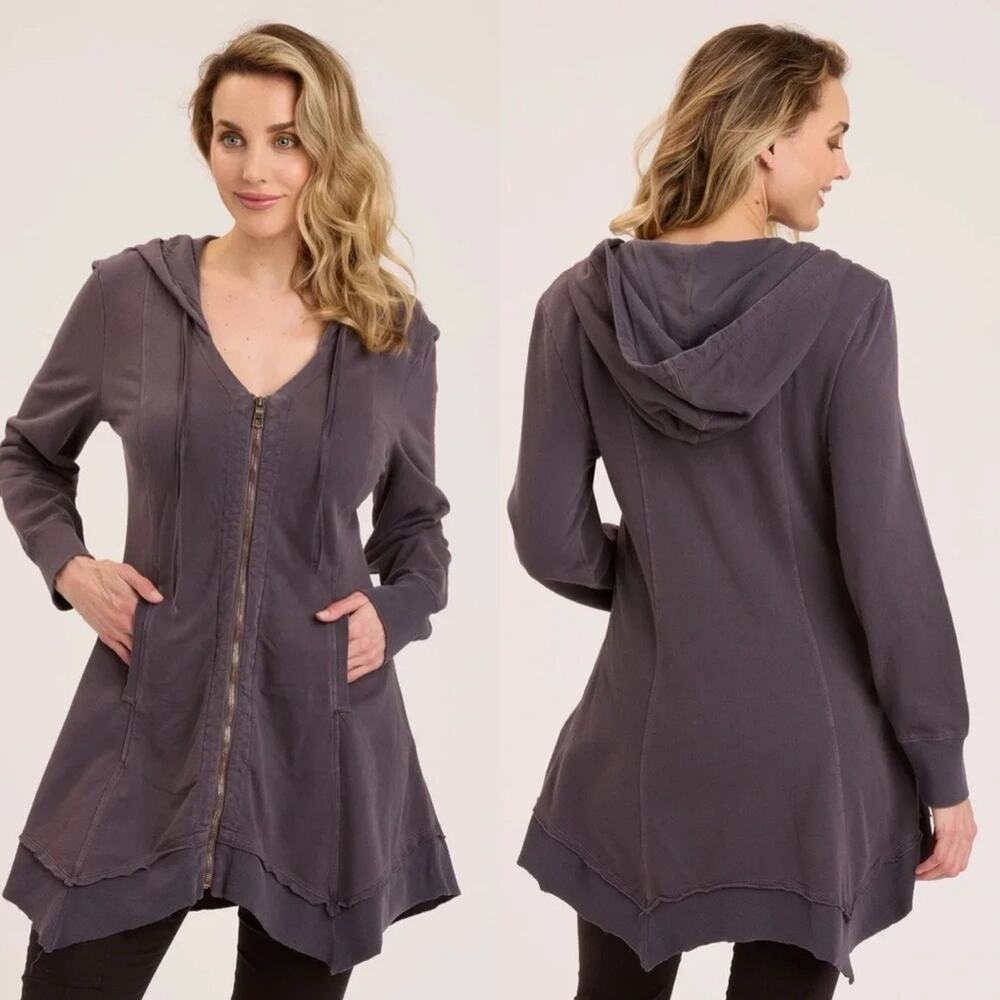XCVI Wearables Hooded Mercantile Jacket XS Grey 3/4 Sleeve Tunic Zip Sweatshirt
